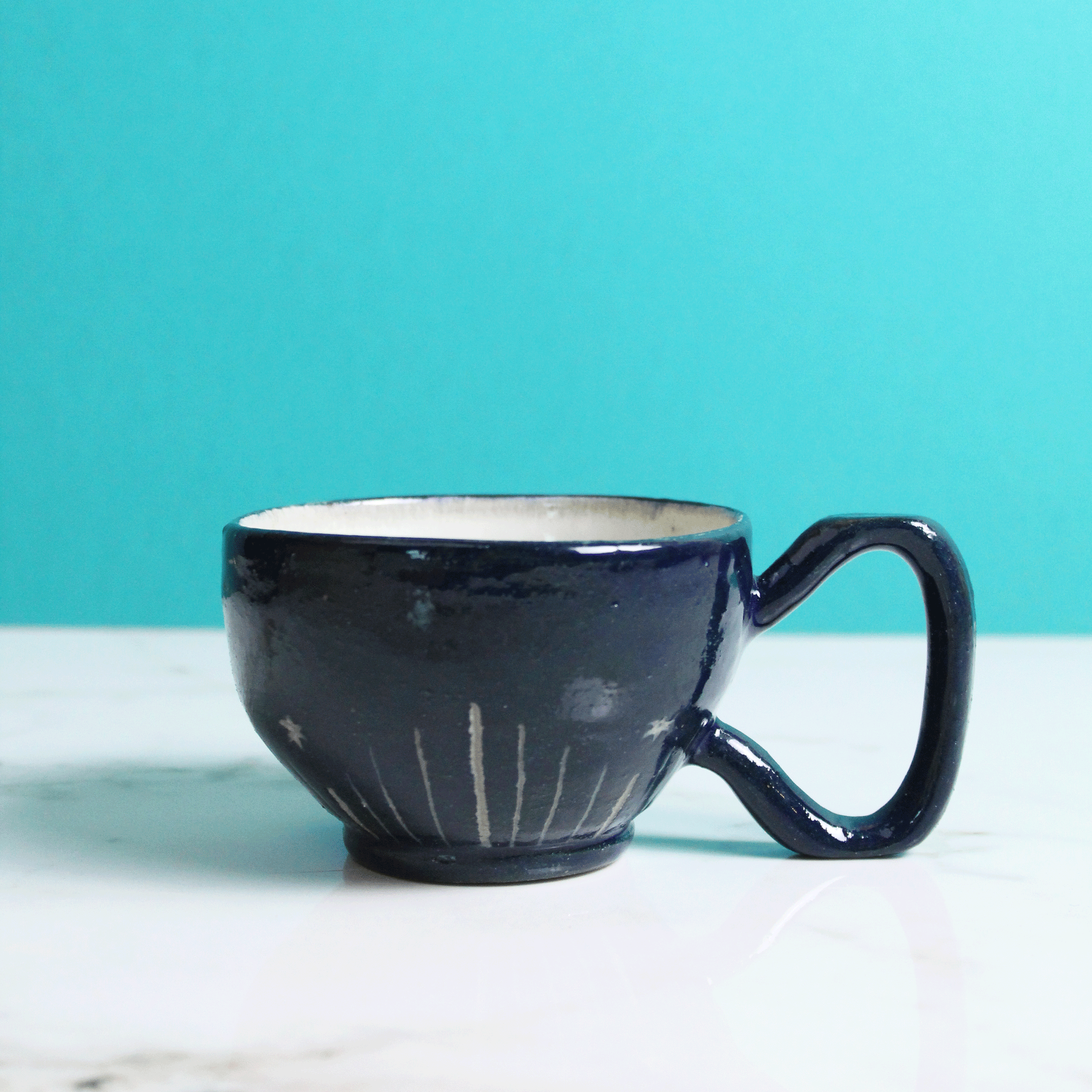 Deep Teal Blue Carved Mug