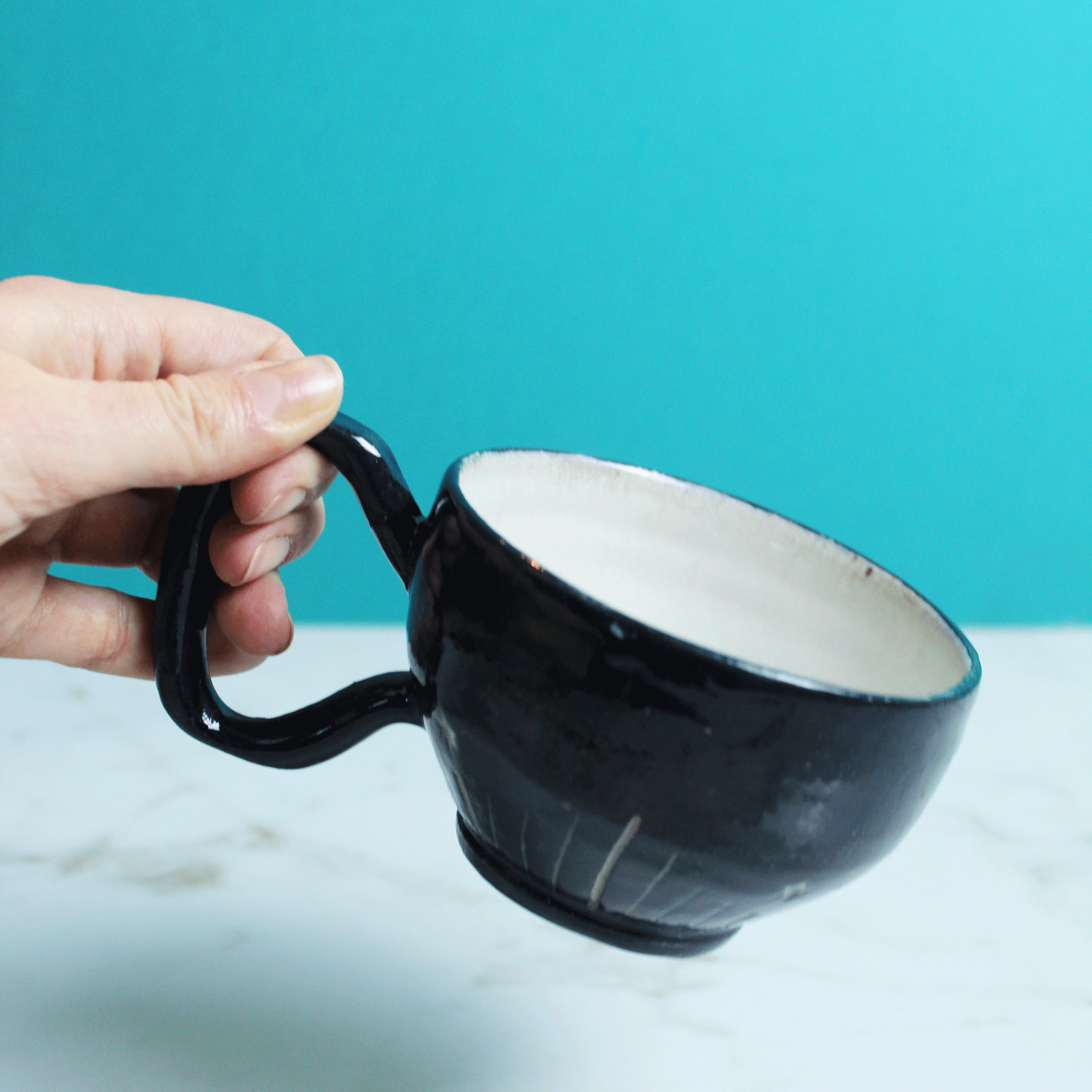 Deep Teal Blue Carved Mug