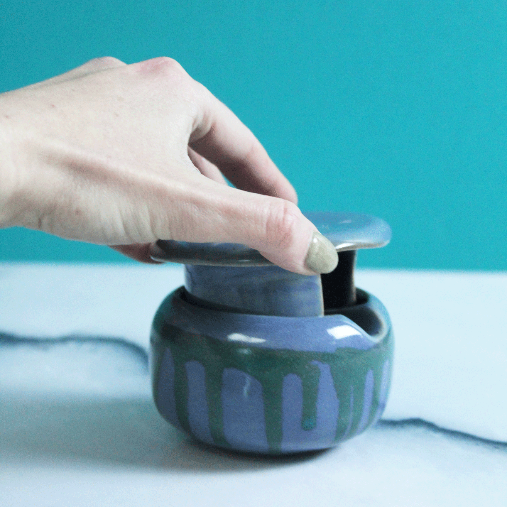 Lidded Dripping Teal Incense Holder