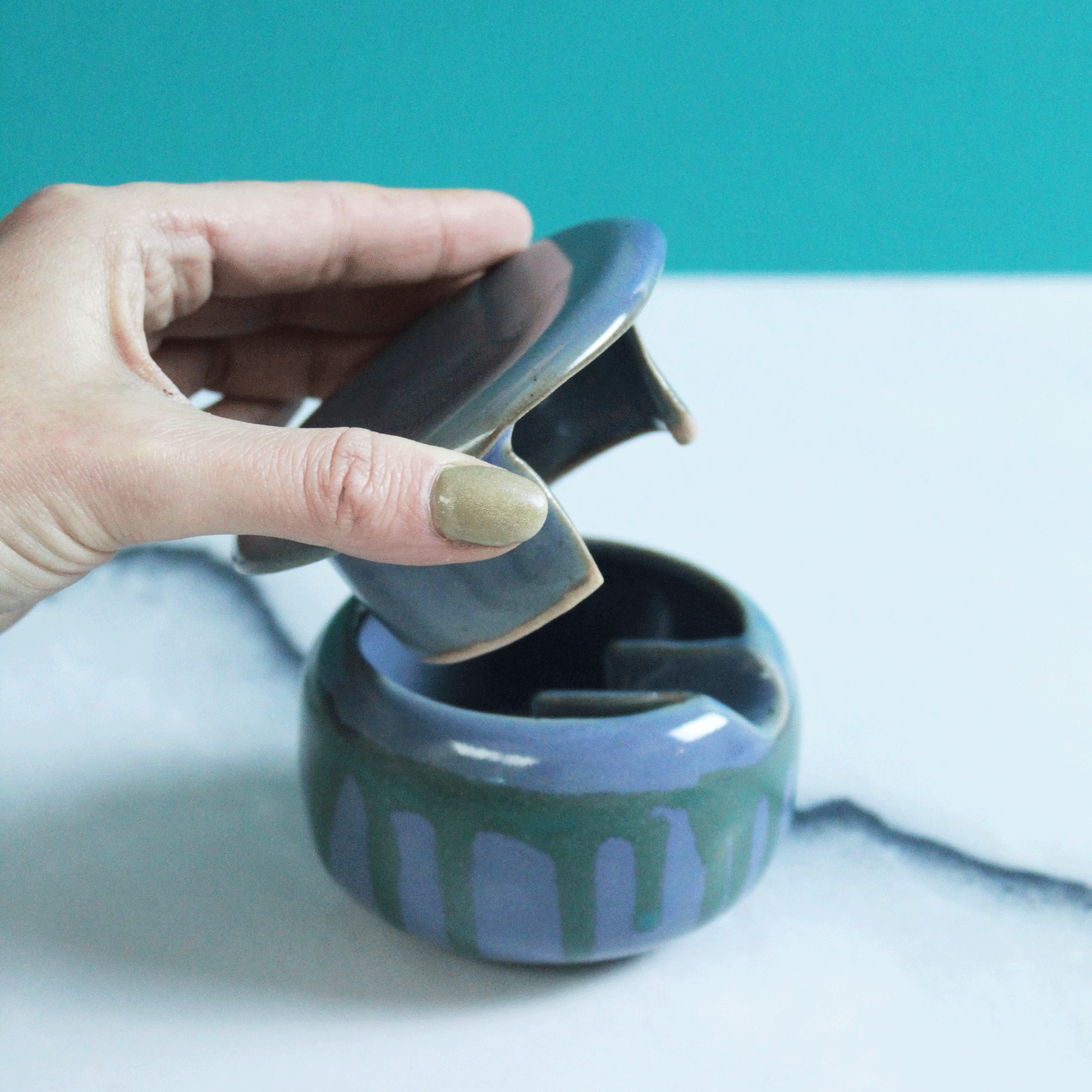 Lidded Dripping Teal Incense Holder